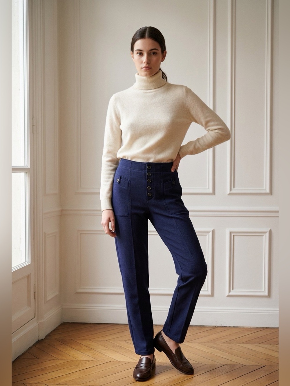 Anthropologie Navy Blue High Rise Sailor Button Fly Pintuck Pants Size 0